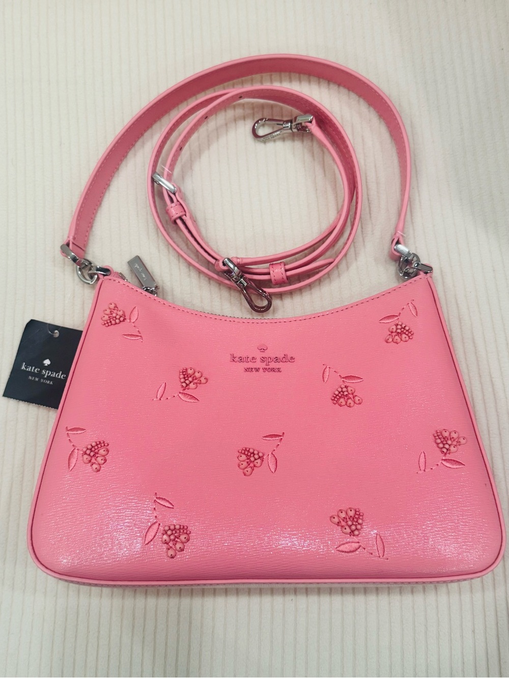 kate spade New Pink Embossed Floral Beaded Leather shoulder bag Crossbody strap - Picture 7 of 11